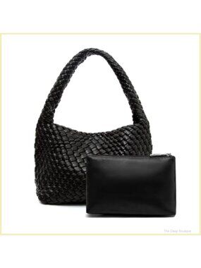 Vegan Leather Woven Shoulder Hobo Bag 2Pc Purse Set Underarm Handbag